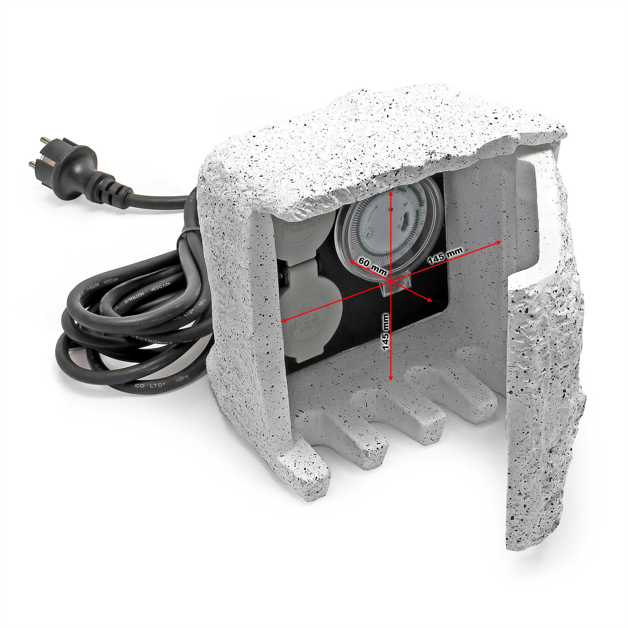 Presa multipla con timer, effetto pietra, Multipresa per esterno con 2 prese, protezione IP44