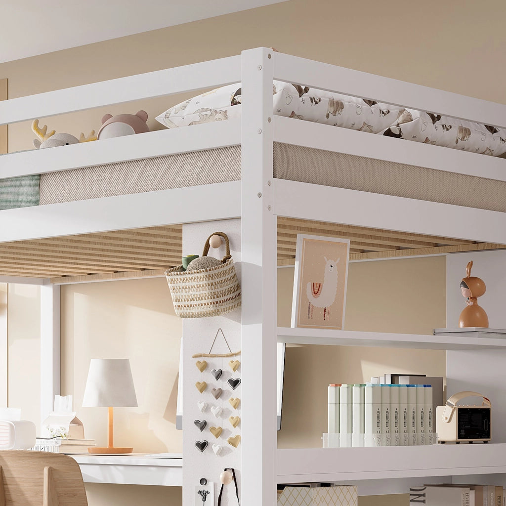 OKWISH Letto a Soppalco 90×200 cm, Letto Singolo con Mensola, Pannello in Feltro e Scala Inclinata, senza Materasso, Bianco