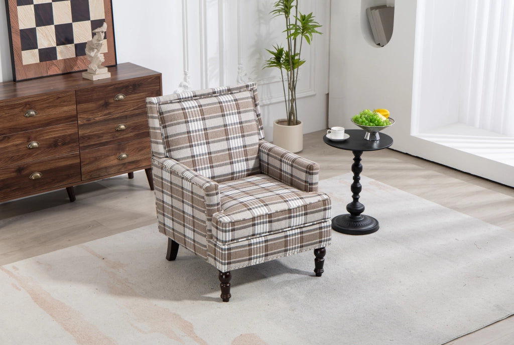Poltrona imbottita 74x66x43;5 cm marrone e bianca; lino di cotone