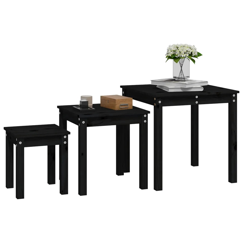 Tavolini a Incastro 3 pz Nero in Legno Massello di Pino cod mxl 17135