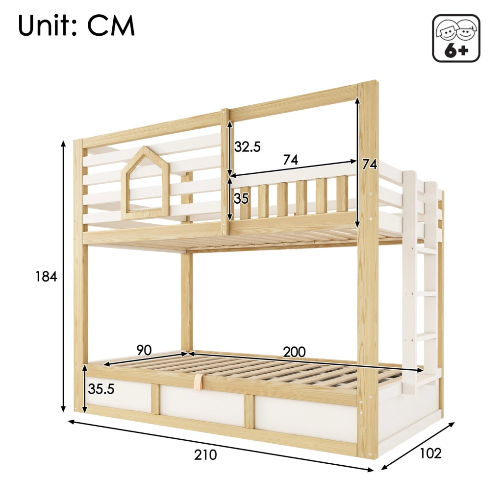 Letto a castello per bambini 90x200 cm in legno; stile casetta; bianco e rovere con scala dritta e contenitore