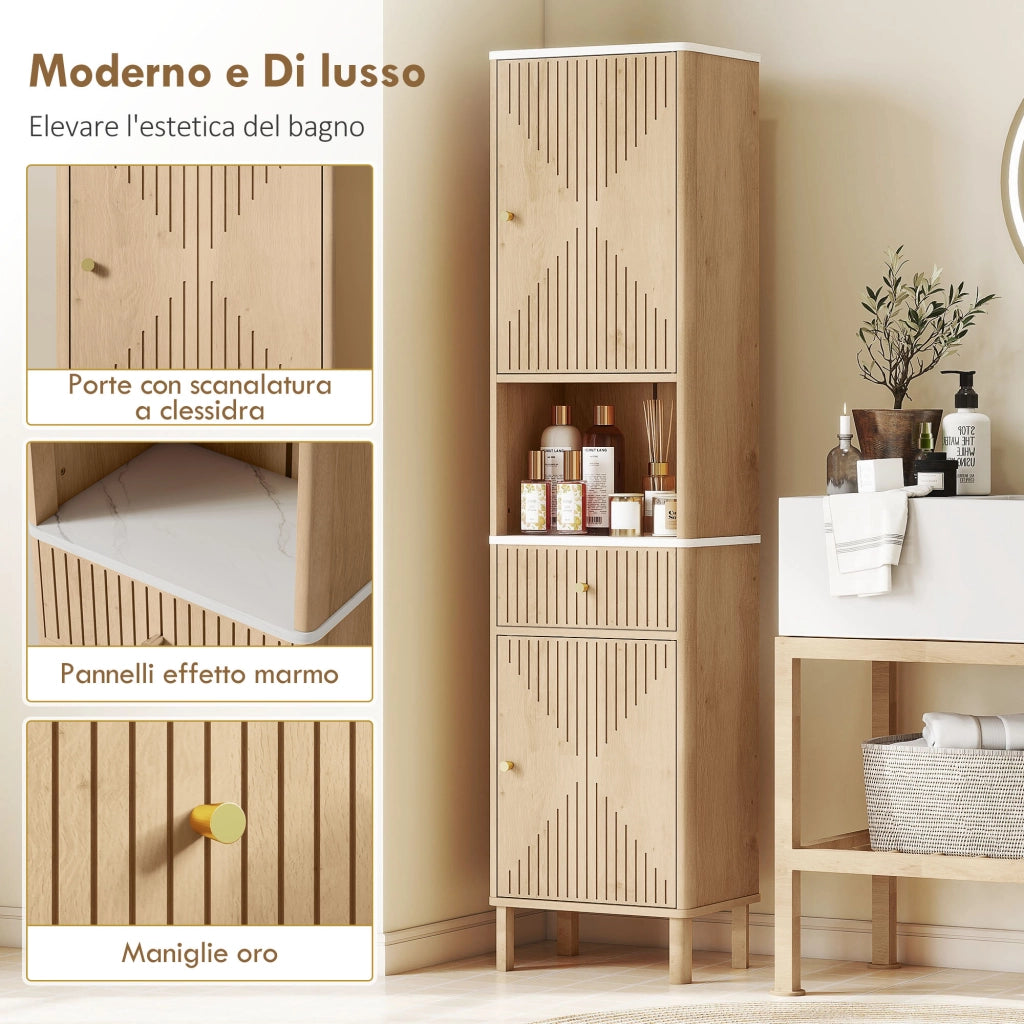 Mobile a Colonna Bagno 41,5x30x168 cm con  Ripiano Effetto Marmo e Ante Decorate in MDF Rovere