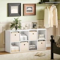 Libreria a Cubi con 8 Comparti e 4 Cassetti di Tessuto, 105,9x30x53,7 cm, Bianco e Beige