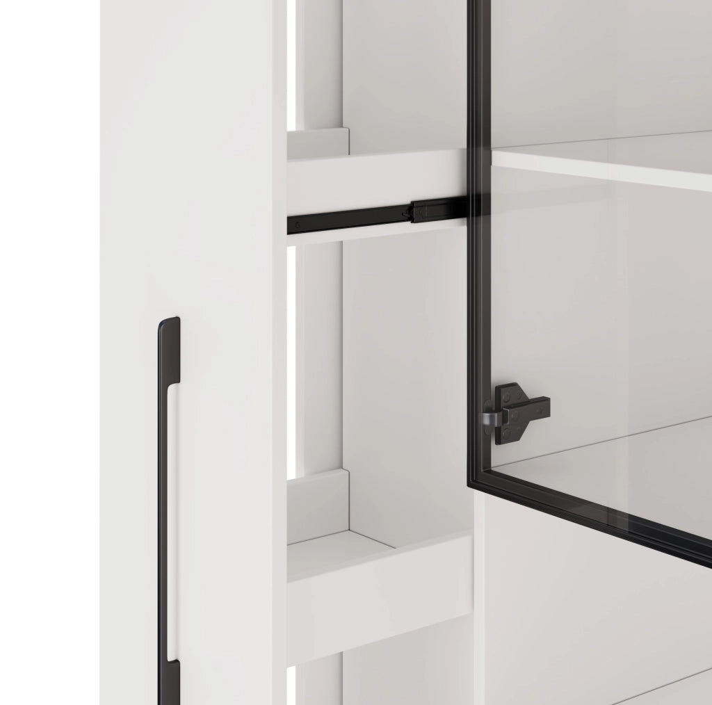 Vetrina moderna 110x35x160 cm bianca in MDF con LED a colori; ripiani estraibili e anta in vetro