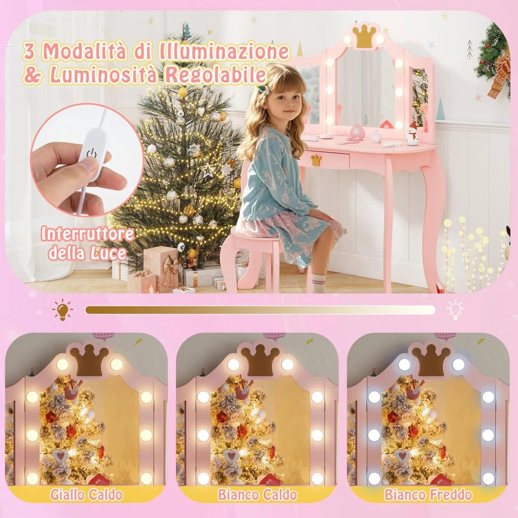 Set Toeletta Trucco per Bambina con Sgabello, Tavolo Trucco Triplo Specchio Staccabile con Luci LED a 3 Colori, Postazione Trucco con Cassetto e Accessori, per Bambine 3-7 Anni (Rosa)