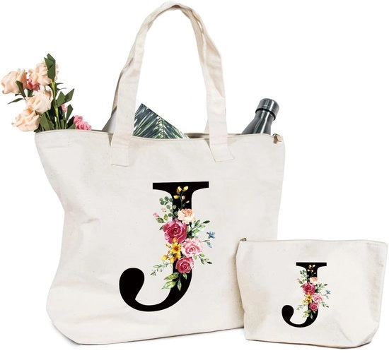 Borsa in Lino con Iniziali - Borsa Cosmetici - Borsa da Spesa con Fiori - Chiusura con Cerniera Robusta - Maniglia Resistente - Ideale come Regalo per Donne - Borsa per Trucco