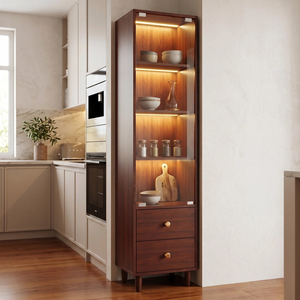 Vetrina con LED e porta in vetro, 4 ripiani e 2 cassetti, per soggiorno, in MDF e vetro, marrone, 40 × 35 × 165 cm