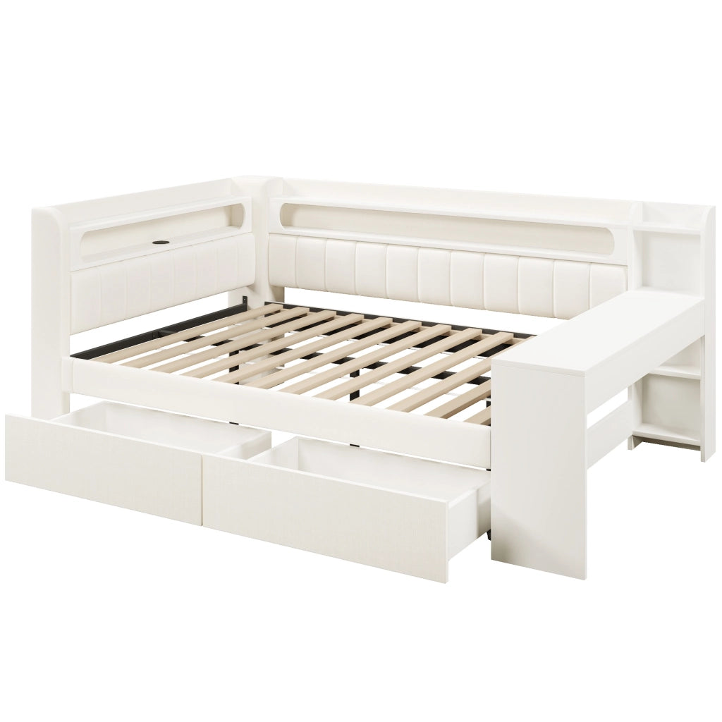Letto daybed imbottito 140x200 cm con scrivania; LED; USB e 2 cassetti bianco HOMVRA