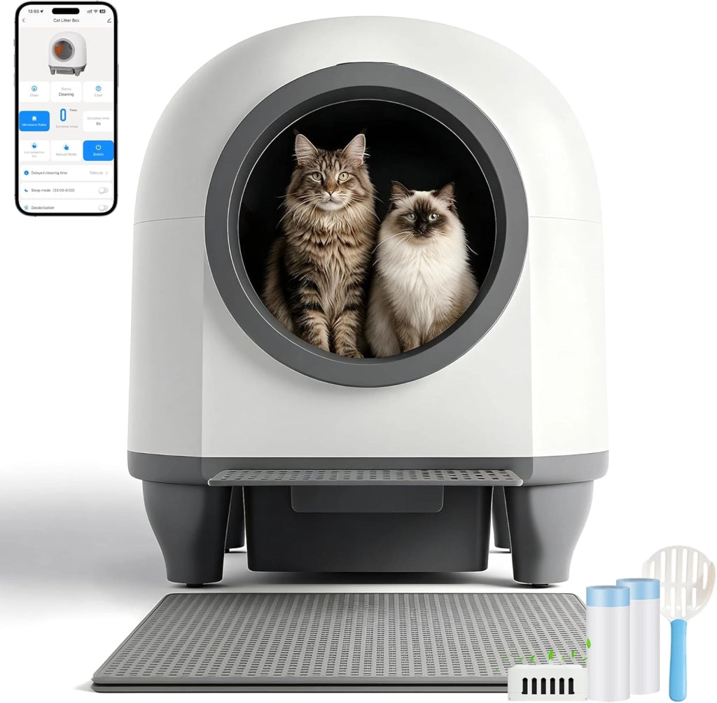 Lettiera Gatto Autopulente con APP, Lettiera Autopulente per Gatti da 90 L con Cassetto Feci da 8,5 L per Oltre una Settimana, Sistema Profumato e Sensore Radar, Adatta a Famiglie con Più Gatti.