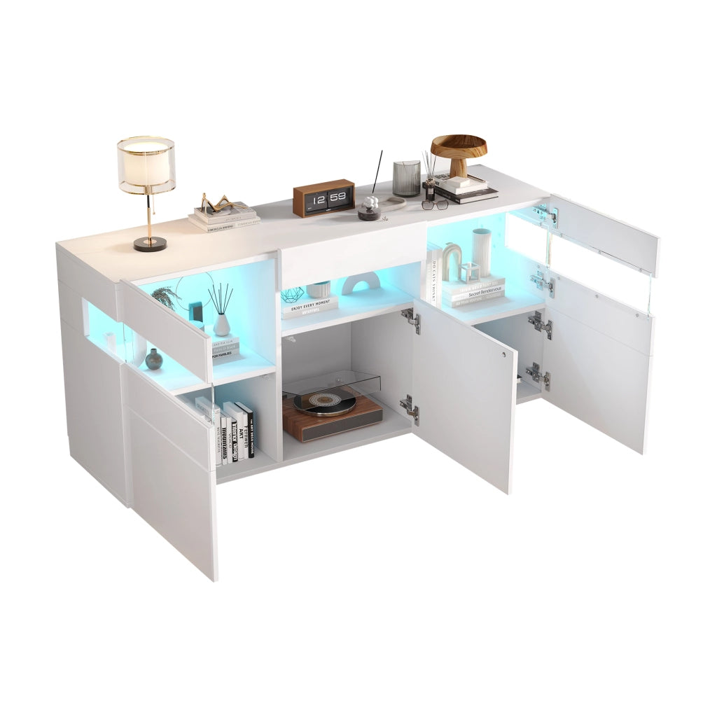 Credenza con LED e 3 ante, 7 vani e vano semiaperto, frontale lucido, per soggiorno, bianca, 140 × 40,5 × 66,5 cm
