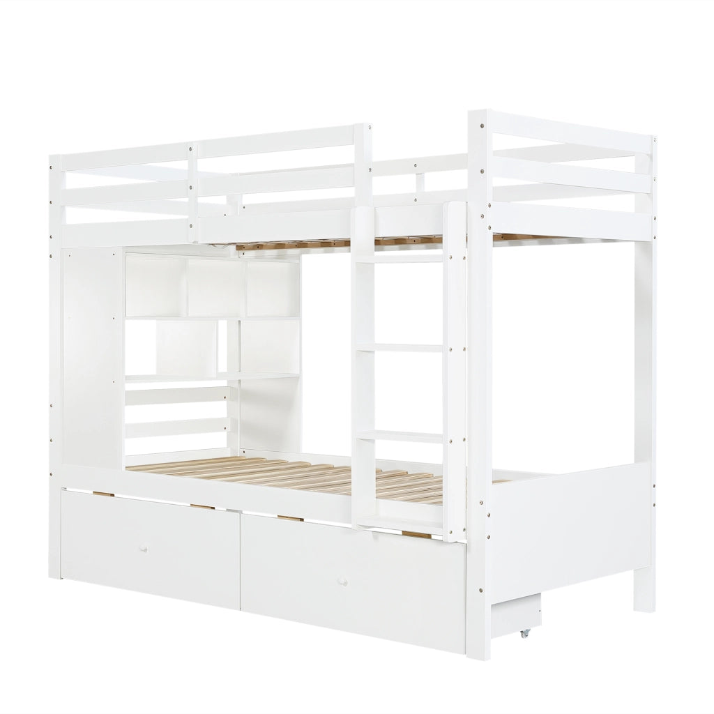 Letto a castello 90 × 200 cm con 2 cassetti, scaffale aperto e scala, senza materasso, bianco