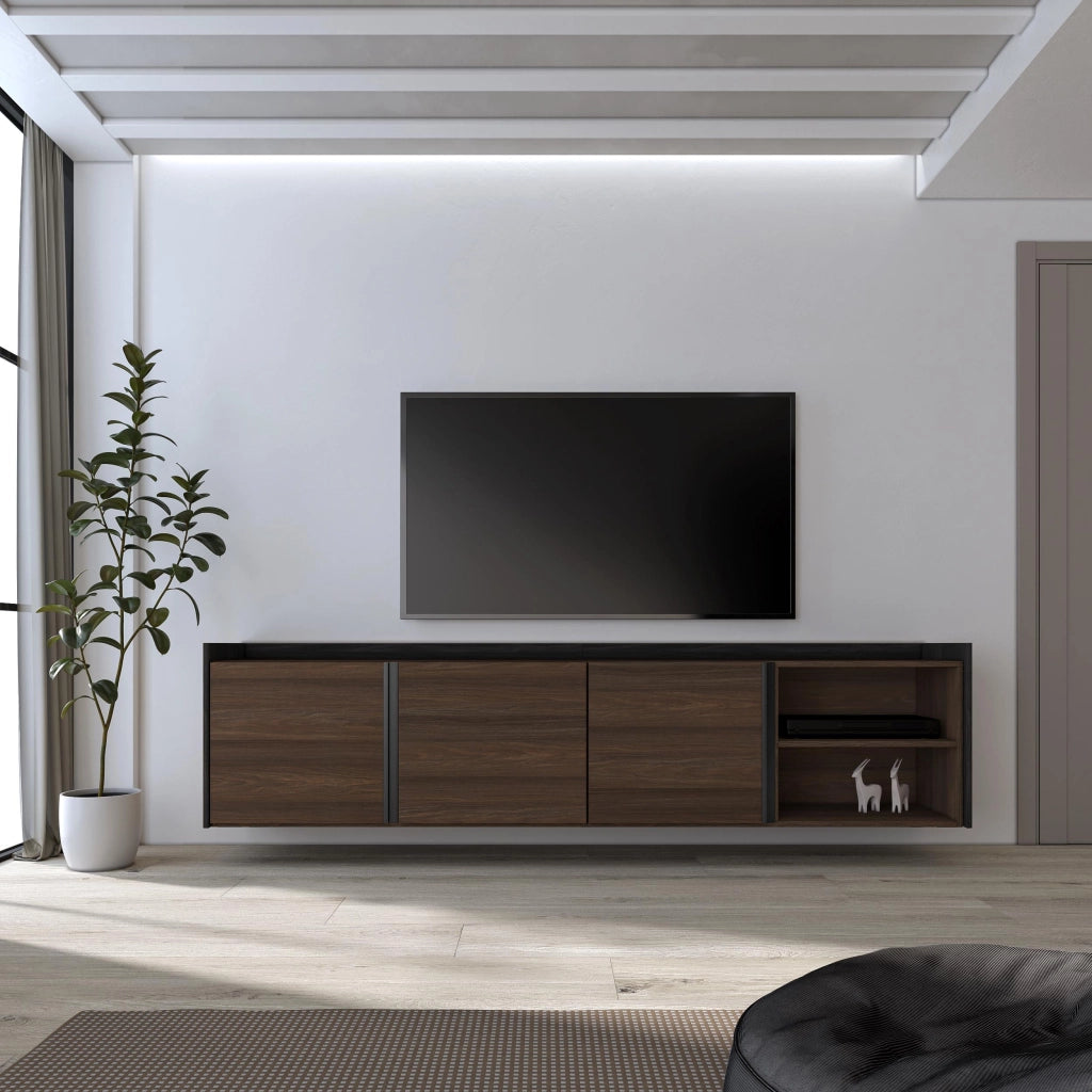 Mobile TV Soggiorno, 207x50x35 cm, Per TV fino a 80", Sospeso, da appendere, Rovere scuro e Nero