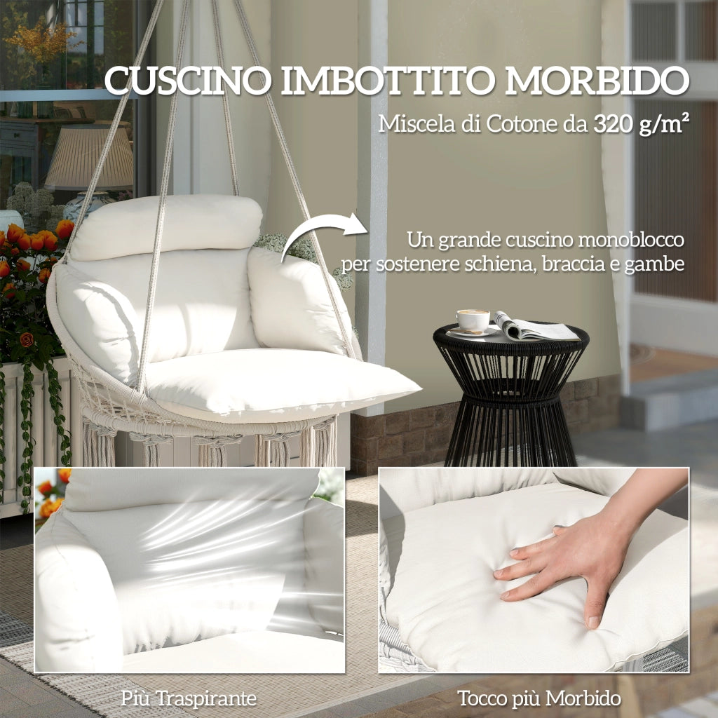 Poltrona sospesa dondolo con cuscino ¨C Zephmum ¨C Bianco crema acciaio cotone 80x60x40