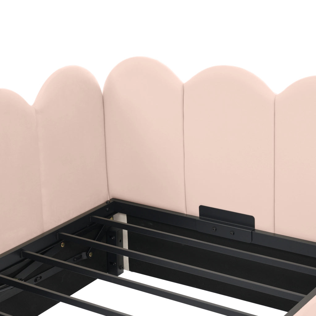 Letto giorno 90x190 cm in velluto rosa con contenitore idraulico e rete in metallo