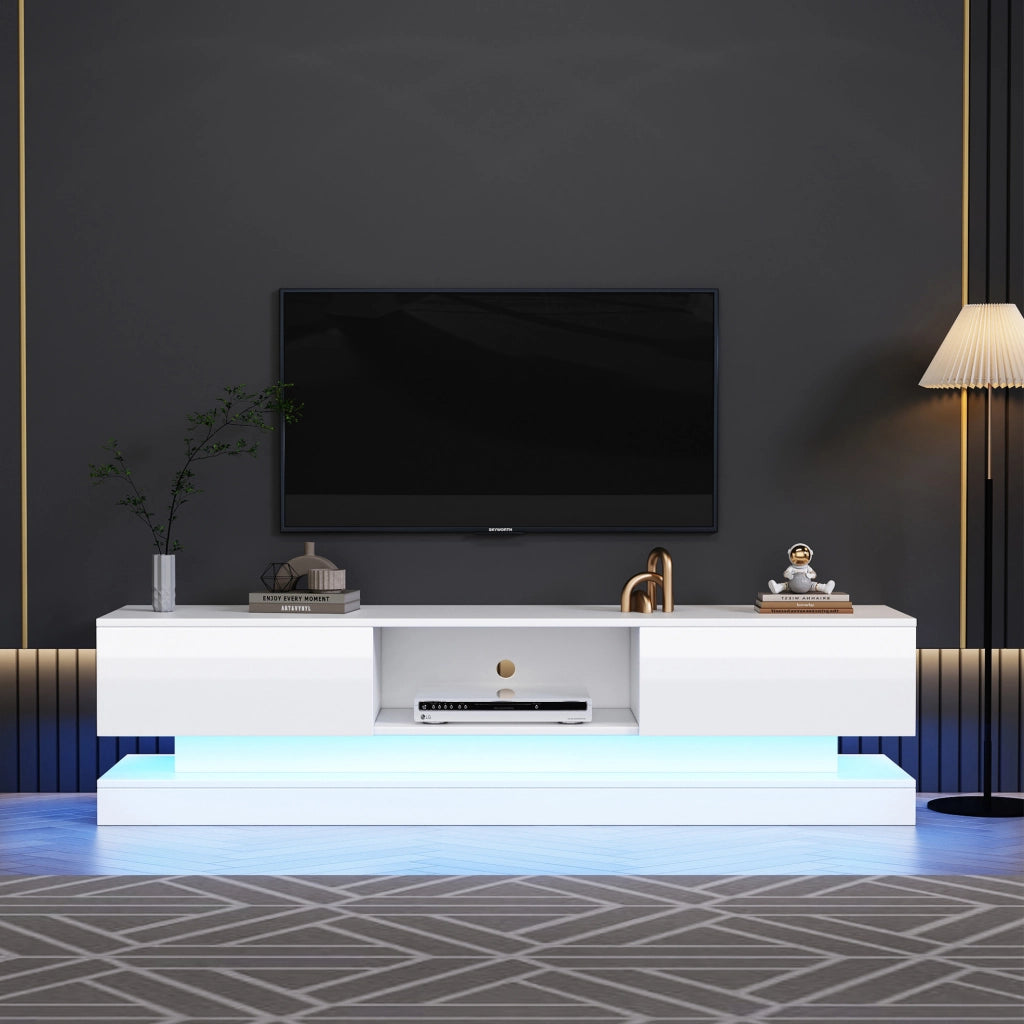 Mobile TV 160x35x40.5 cm con luci LED; 2 cassetti; design antiribaltamento; truciolare bianco lucido