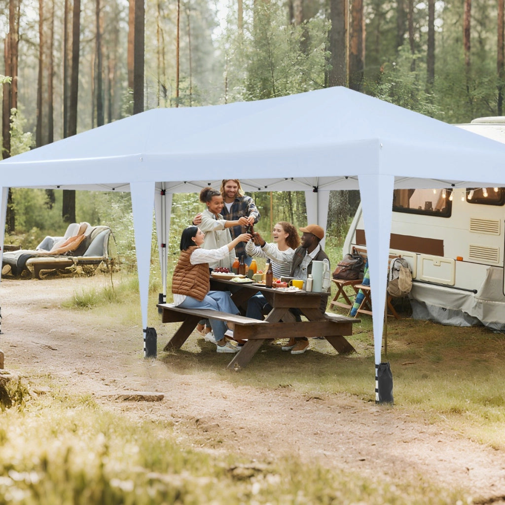 Gazebo pop-up portatile da esterno con borsa con ruote per campeggio 12 picchetti, Tenda pieghevole 590x300 cm Bianco-Gazebo