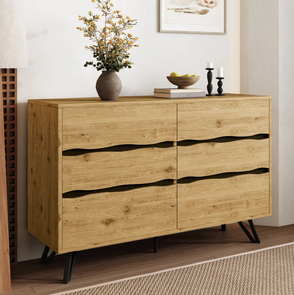 Sideboard moderno con 6 cassetti 120x40x75;5 cm in effetto legno; struttura in truciolare