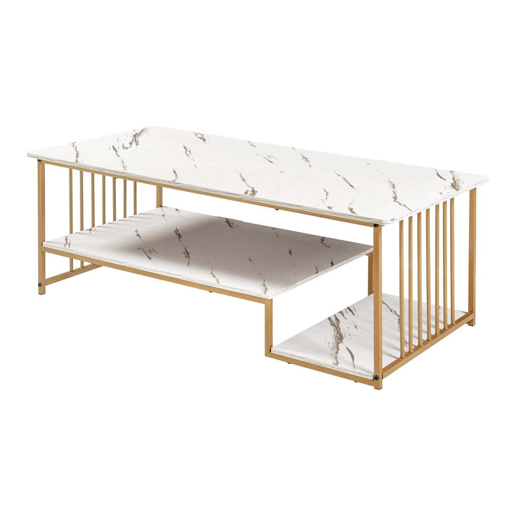 Tavolino Centrale da Salotto Klibro 120x60x42 cm Effetto Marmo Bianco / Dorato [en.casa]