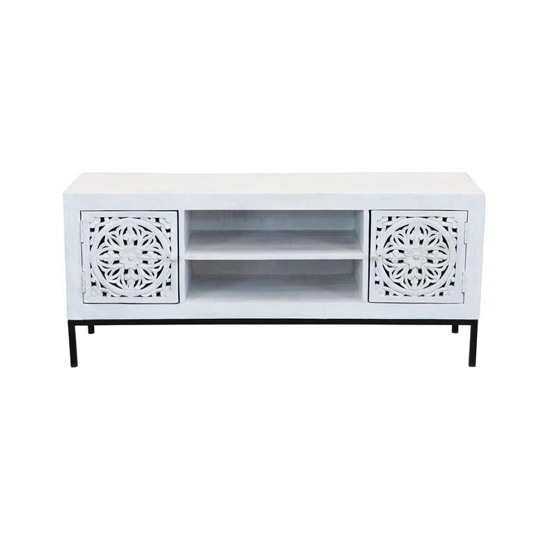 MOBILE CLIFFORD PORTA TV IN LEGNO DI MANGO CON DECORO SBIANCATO