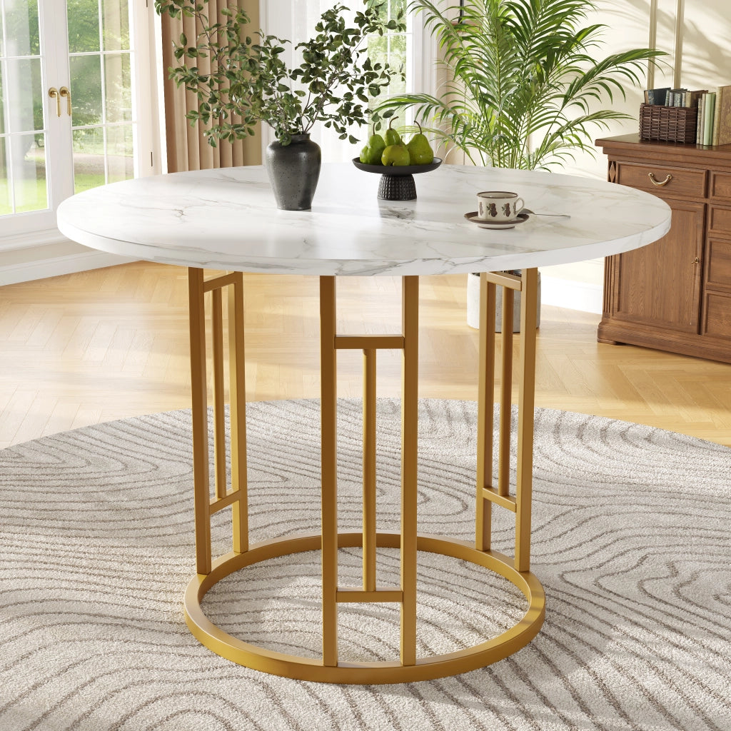 Tavolo da Pranzo Rotondo ¨C Xylo ¨C Piano MDF Effetto Marmo, Gambe in Metallo Oro, 80x80x76cm