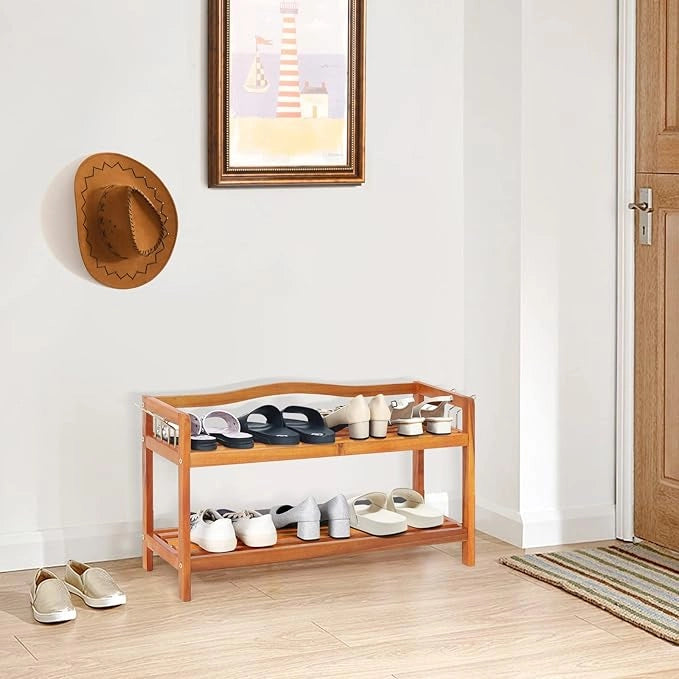 Scarpiera a 2 Livelli, Scaffale per Scarpe in Legno di Acacia Solido con Ganci Laterali in Metallo, Contiene 12 Paia, Capacità di Ogni Ripiano 20 kg, 74 x 26 x 42 cm (2 Livelli)