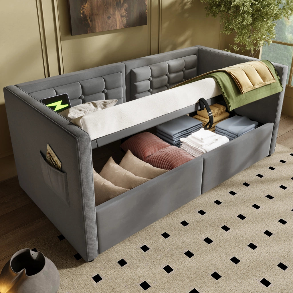 OKWISH Letto Divano 90×200 cm, Letto Singolo con Contenitore Idraulico, USB, Tipo C e Tasche, senza Materasso, in Velluto, Grigio