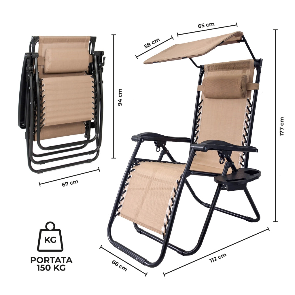 Sedia Sdraio 0 Gravità Pieghevole Professionale con Tettuccio Parasole e Poggiapiedi in Acciaio e Textilene – Reclinabile con Cuscino e Porta Bevande, Ideale per Giardino, Piscina e Campeggio Beige