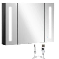 kleankin Armadietto con Specchio da Bagno a Parete in MDF con 3 Armadietti, 3 Ripiani e Luce LED, 90x15x65 cm, Nero