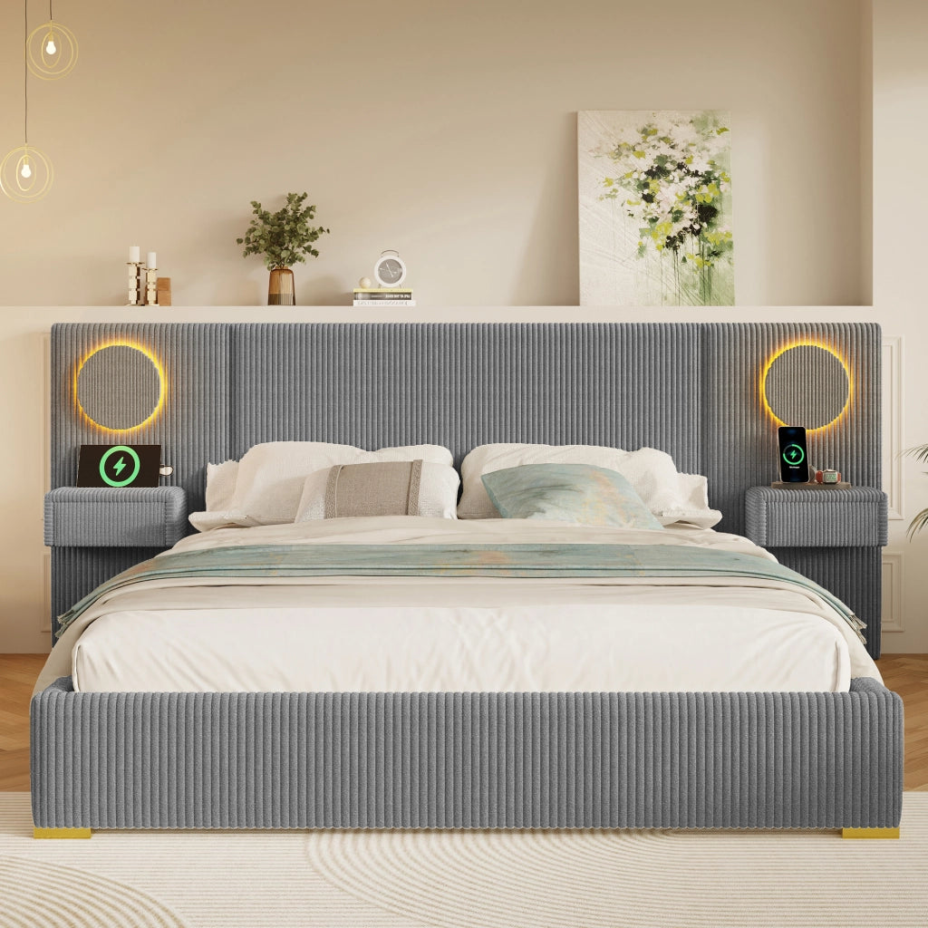 Letto Matrimoniale 180x200 cm; USB; LED; Cassetti e Tavolini in Velluto Grigio