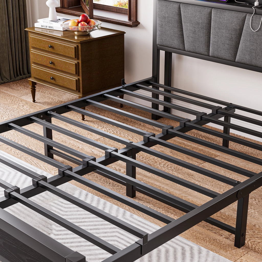 Letto matrimoniale 140 × 190 cm con LED, testiera contenitore e USB, senza materasso, nero