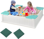 Sabbiera per Bambini, Sabbiera da Cortile con 4 Sedute Angolari e Copertura in Oxford, per Cortile Spiaggia Prato, 123,5 x 123,5 x 31,5 cm (Verde+Bianco)