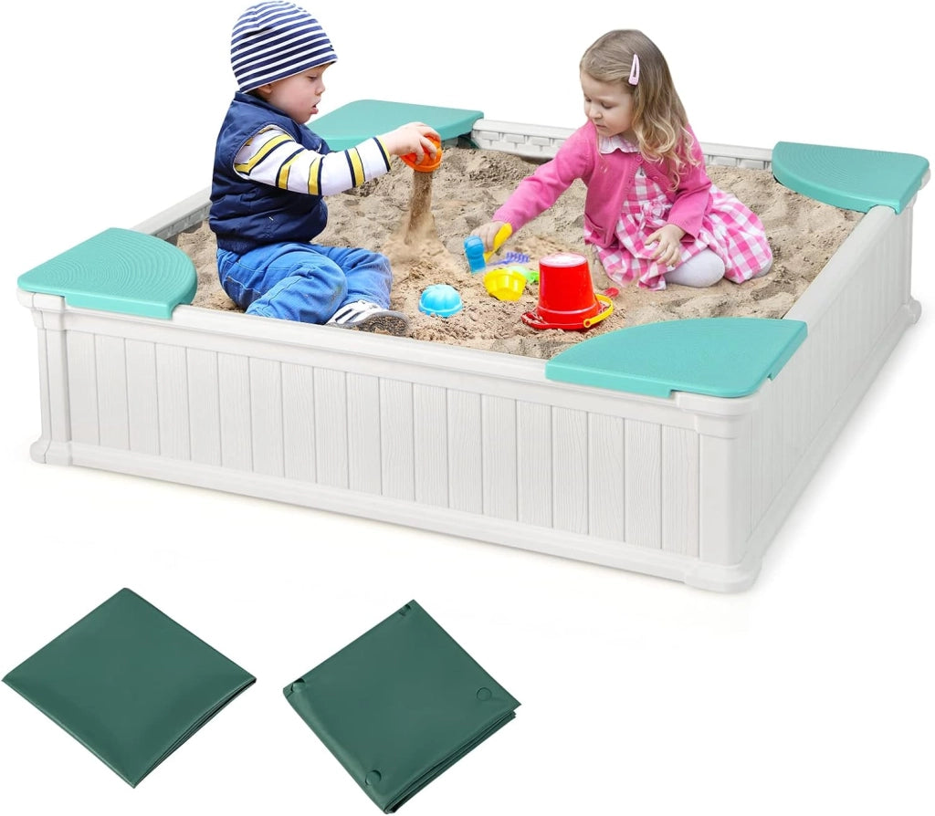 Sabbiera per Bambini, Sabbiera da Cortile con 4 Sedute Angolari e Copertura in Oxford, per Cortile Spiaggia Prato, 123,5 x 123,5 x 31,5 cm (Verde+Bianco)