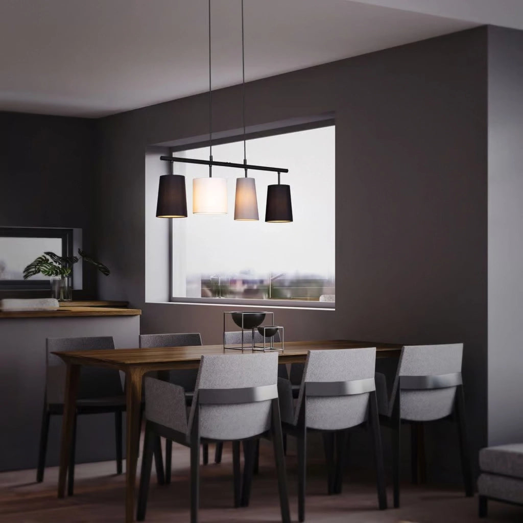 Lampadario Contemporaneo Textile Metallo Nero Paralume Tessuto 4 Luci E27