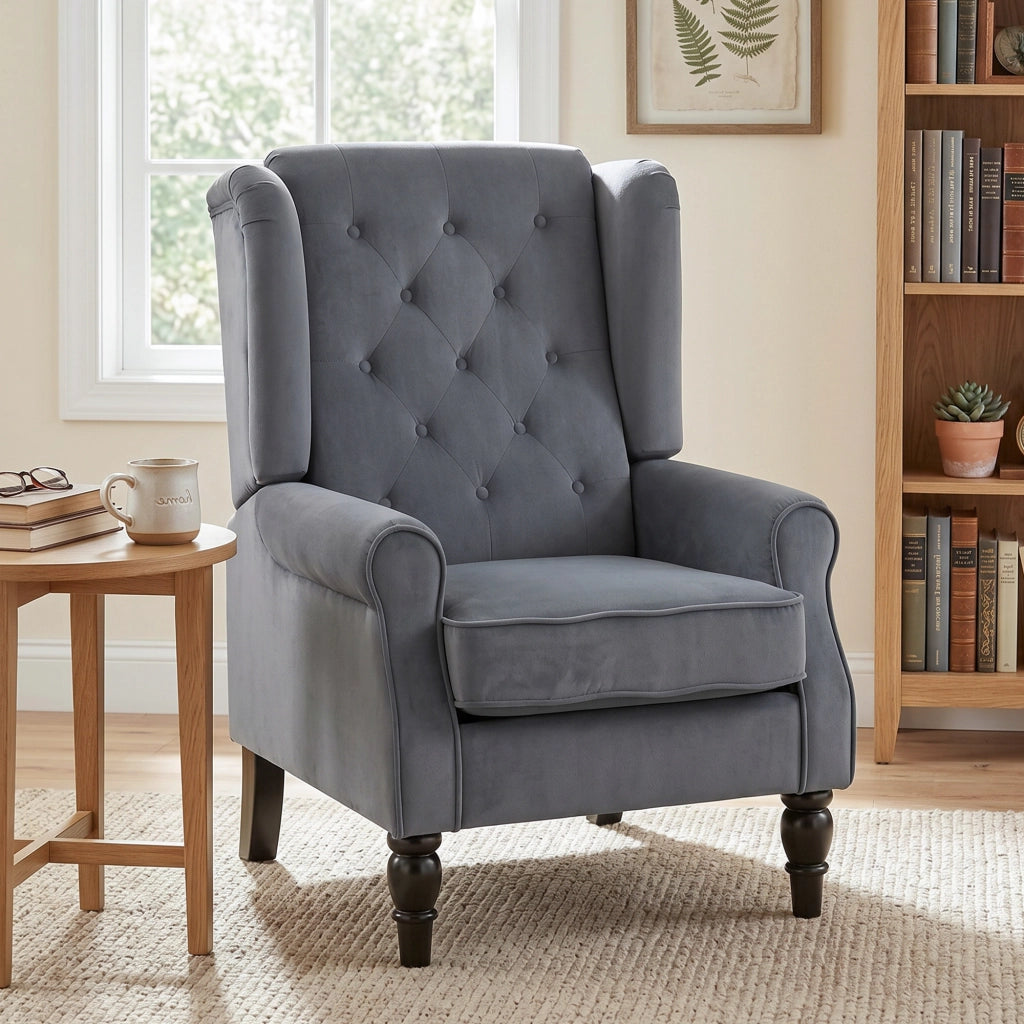 Poltrona con Orecchie ¨C Xylo ¨C Tessuto Grigio Imbottita con Cuscino Removibile 74x86x102