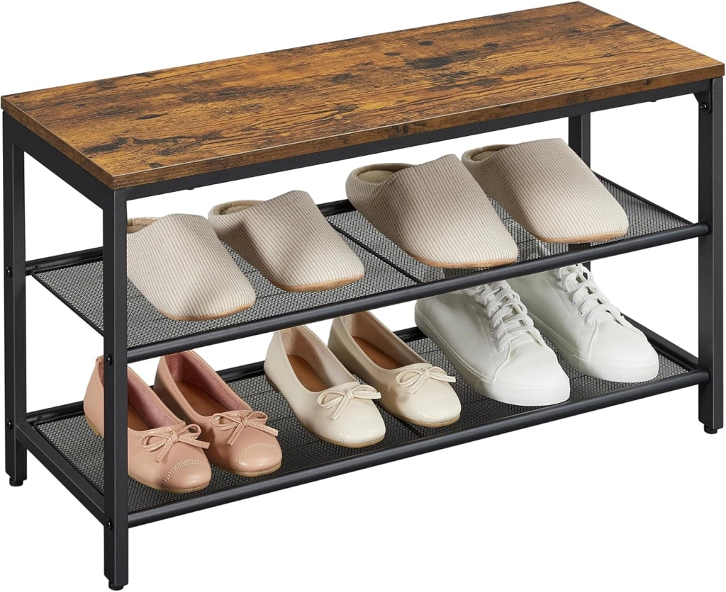 VASAGLE Panca Scarpe, 80 x 30 x 44,5 cm, scarpiera a 2 livelli in rete, portaoggetti Scarpe, per ingresso, metallo, stile industriale, marrone rustico e nero LBS74X