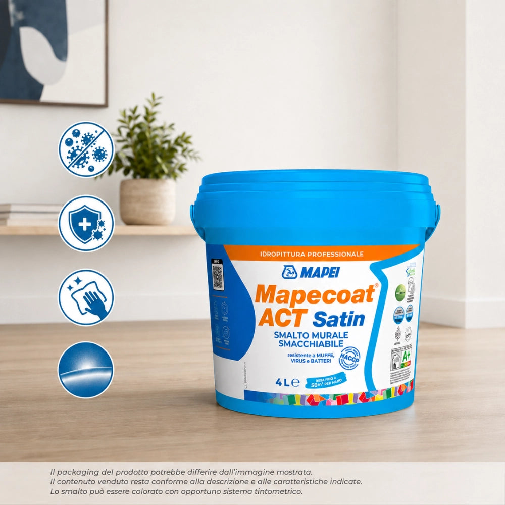 Mapei mapecoat act satin smalto murale lavabile antimuffa e antibatterico *** formato 4 lt, confezione 1