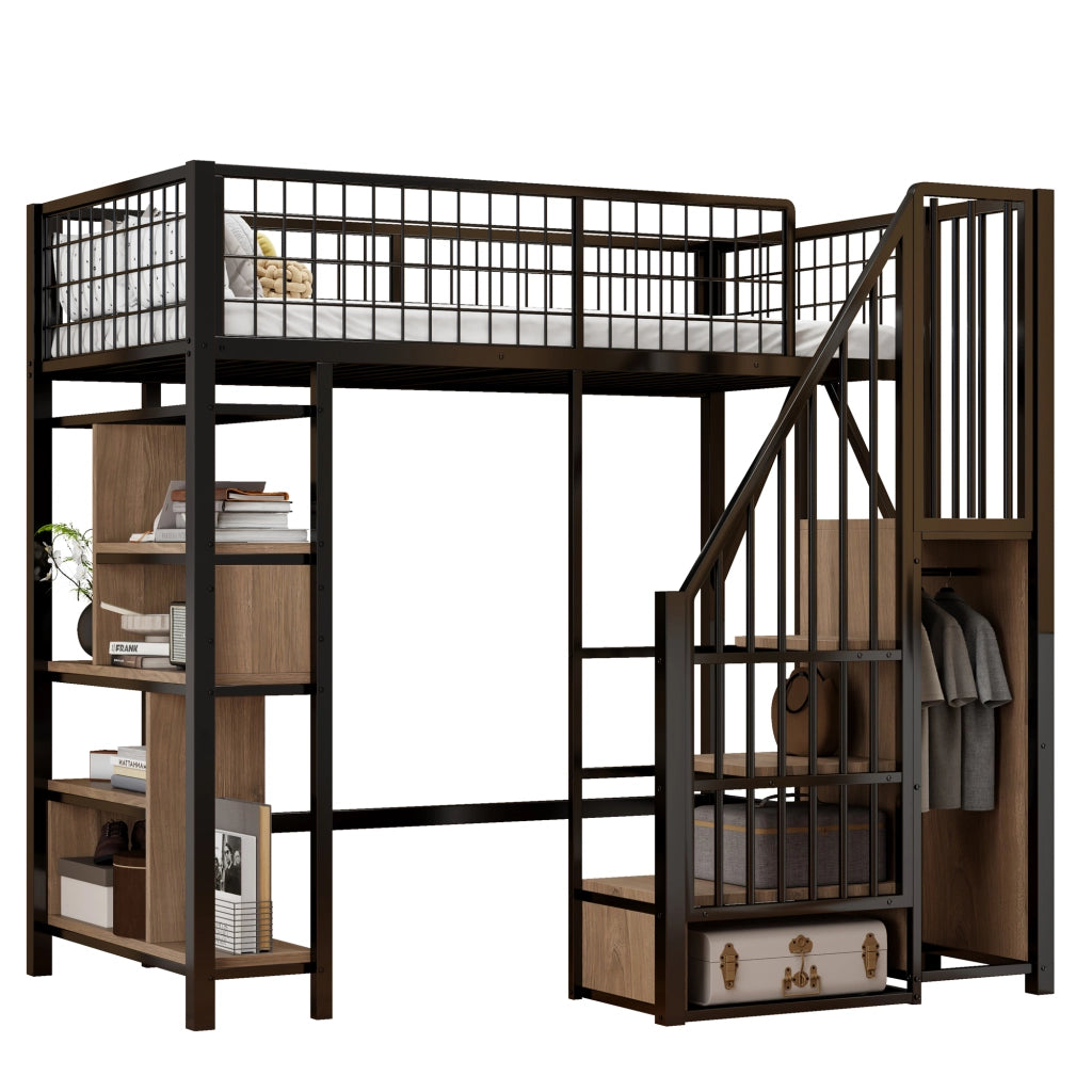 Letto a castello nero in metallo e legno con funzione contenitore 90x200 cm