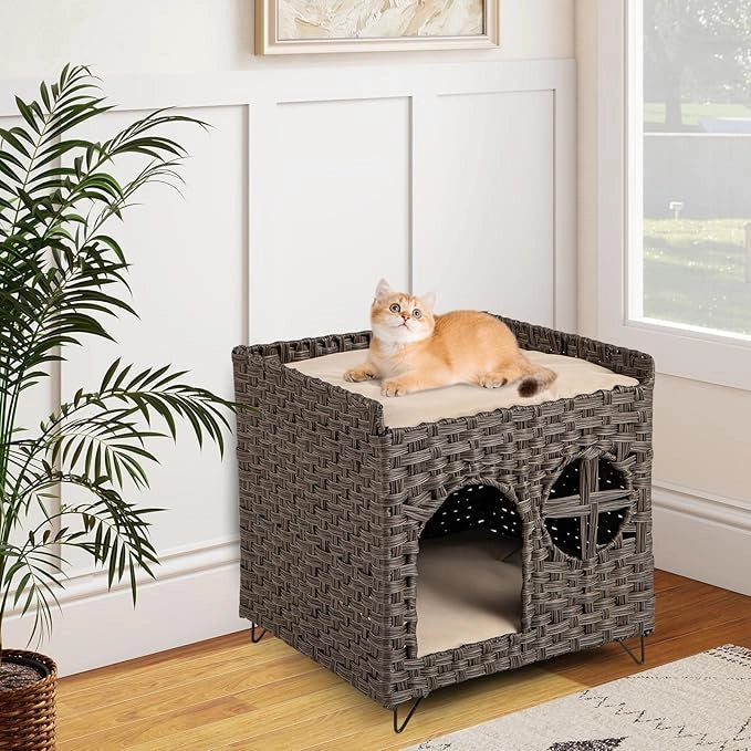 Casetta per Gatti in Rattan 50,5 x 45 x 50 cm, Cuccia a 2 Piani per Gatti con 2 Cuscini, Letto per Animali Domestici per Camera da Letto e Soggiorno