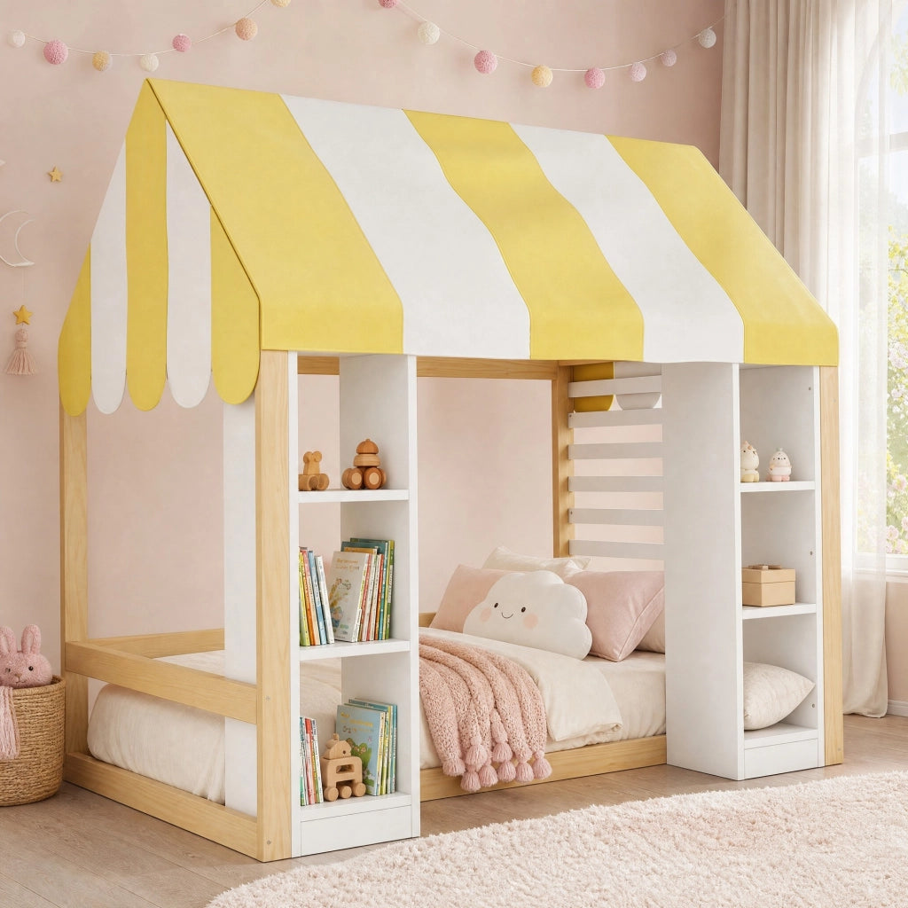 Letto per bambini in stile cottage 90x200 cm con baldacchino e vano contenitore; bianco e naturale