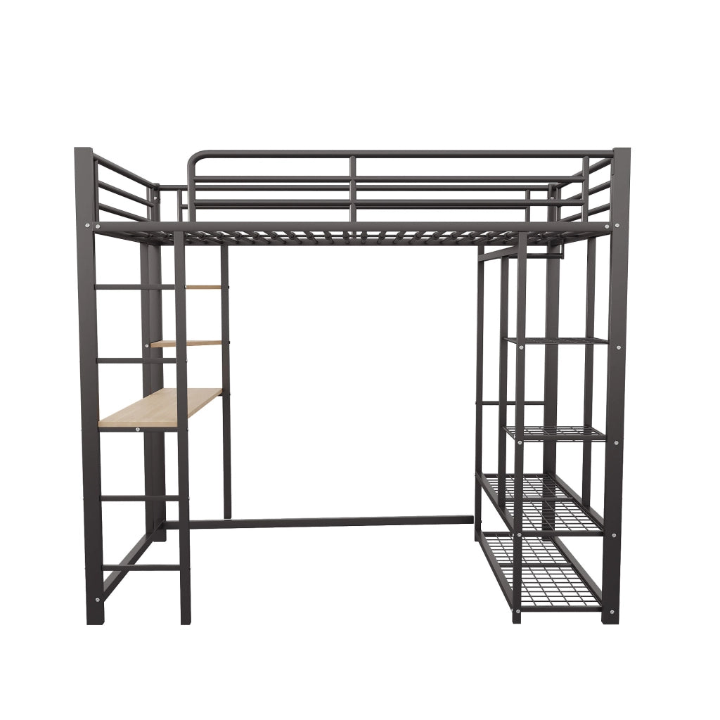 Letto a soppalco 90x200 cm in metallo nero con scrivania, scaffali e armadio laterale
