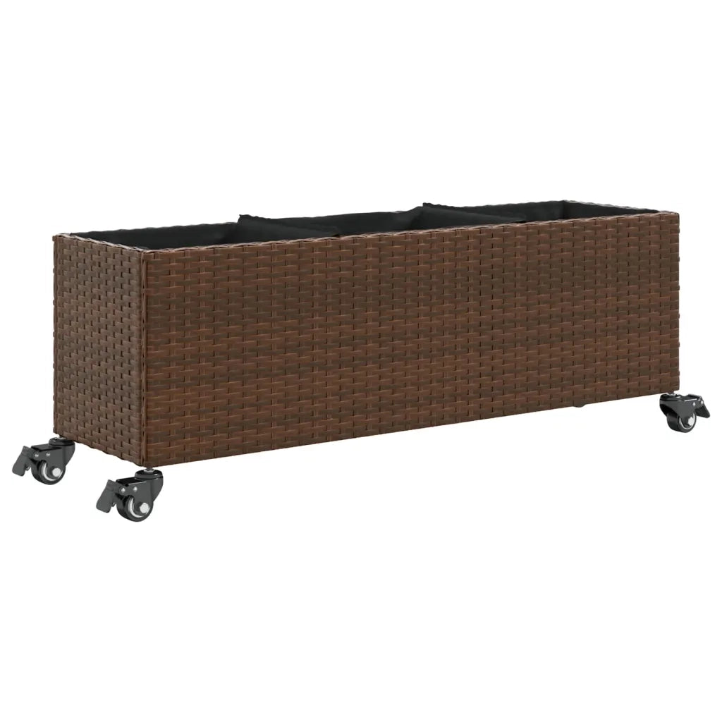 Fioriera con Ruote e 3 Vasi Marrone 107x32x38 cm in Polyrattan
