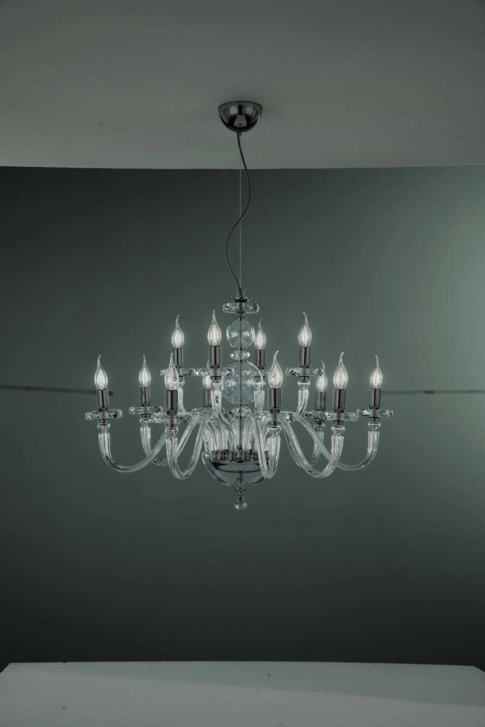 LAMPADARIO BACH 12 LUCI CRISTALLO E FINITURA CROMO ATTACCO E14