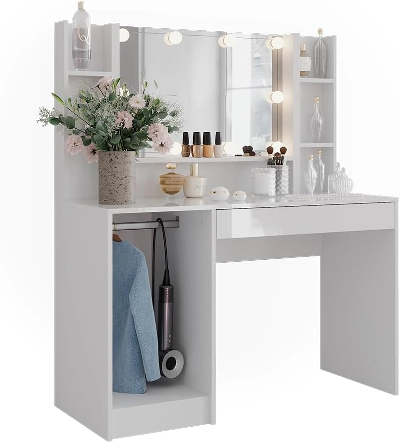 Tavolo da toeletta Sherry, Bianco/bianco lucido, 119.8 cm 4 parti, con illuminazione LED e grande specchio integrato
