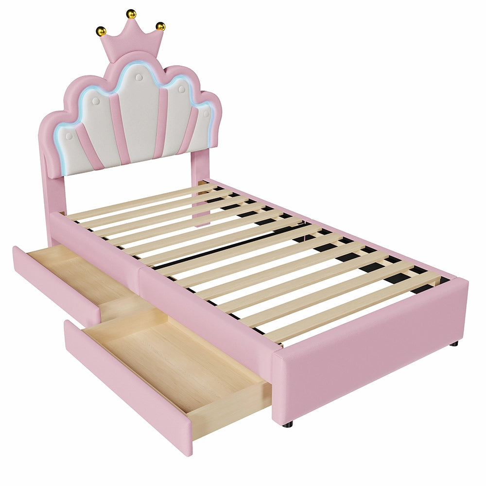 Letto bambino-Xylo-90x200 cm-2 cassetti, LED, testiera corona, PU rosa