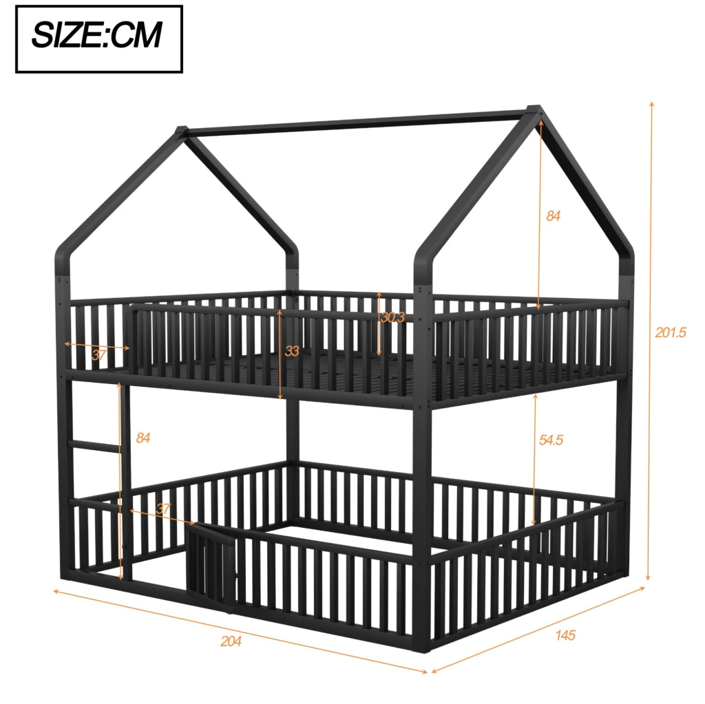 Letto a castello 140x200 cm a forma di casa con scaletta frontale in metallo nero