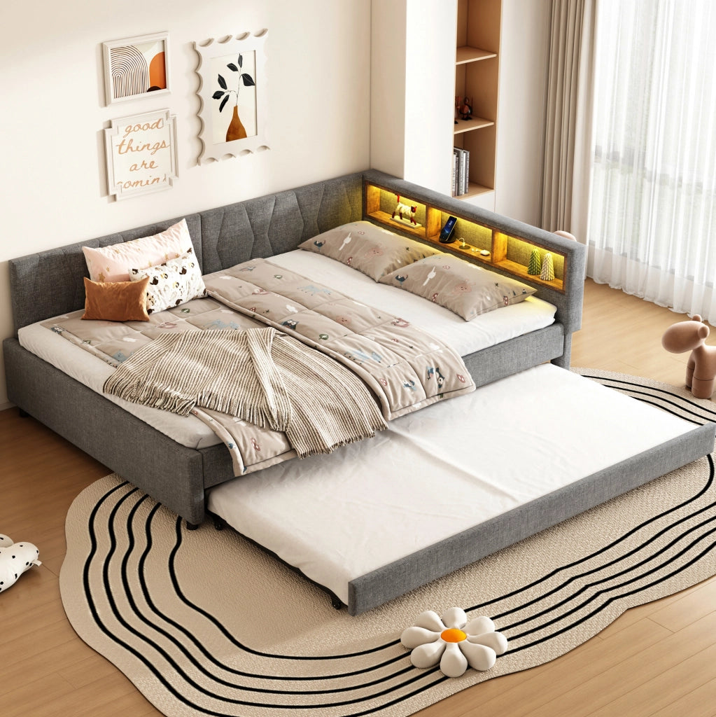 Letto 140x200 cm estraibile con LED; vano portaoggetti e USB in lino grigio