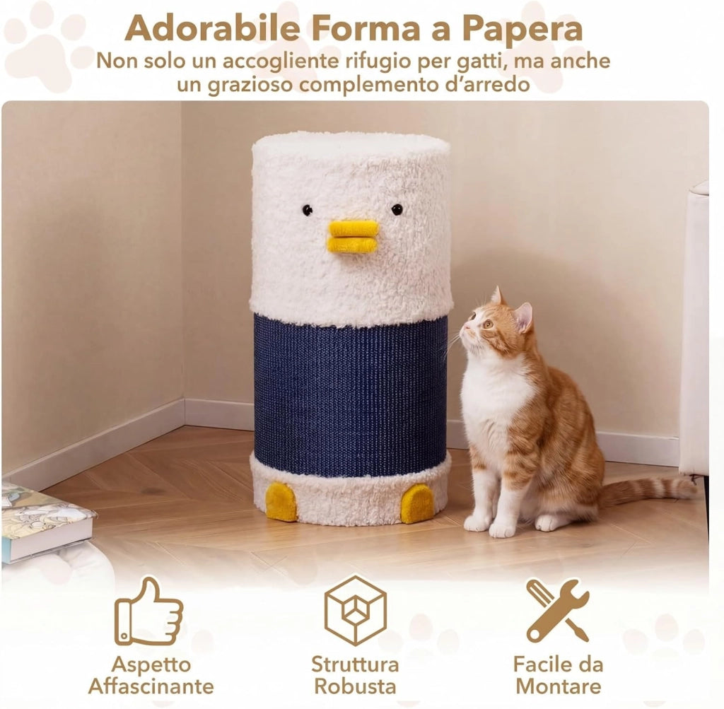 Casa per Gatti da Interno, Cuccia per Catti a 2 Piani con Tappetino in Sisal per Graffiare, Grotta Nascosta, Letto Coperto, Casetta Moderna per Più Gatti, Mobile a Forma di Barile con Anatra
