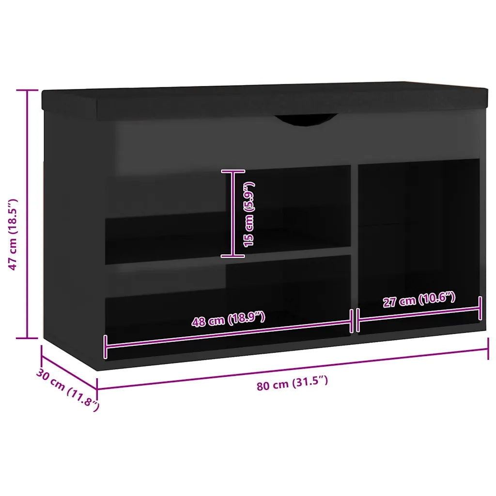 Panca Porta Scarpe Cuscino Nero Lucido 80x30x47cm Multistrato 326766