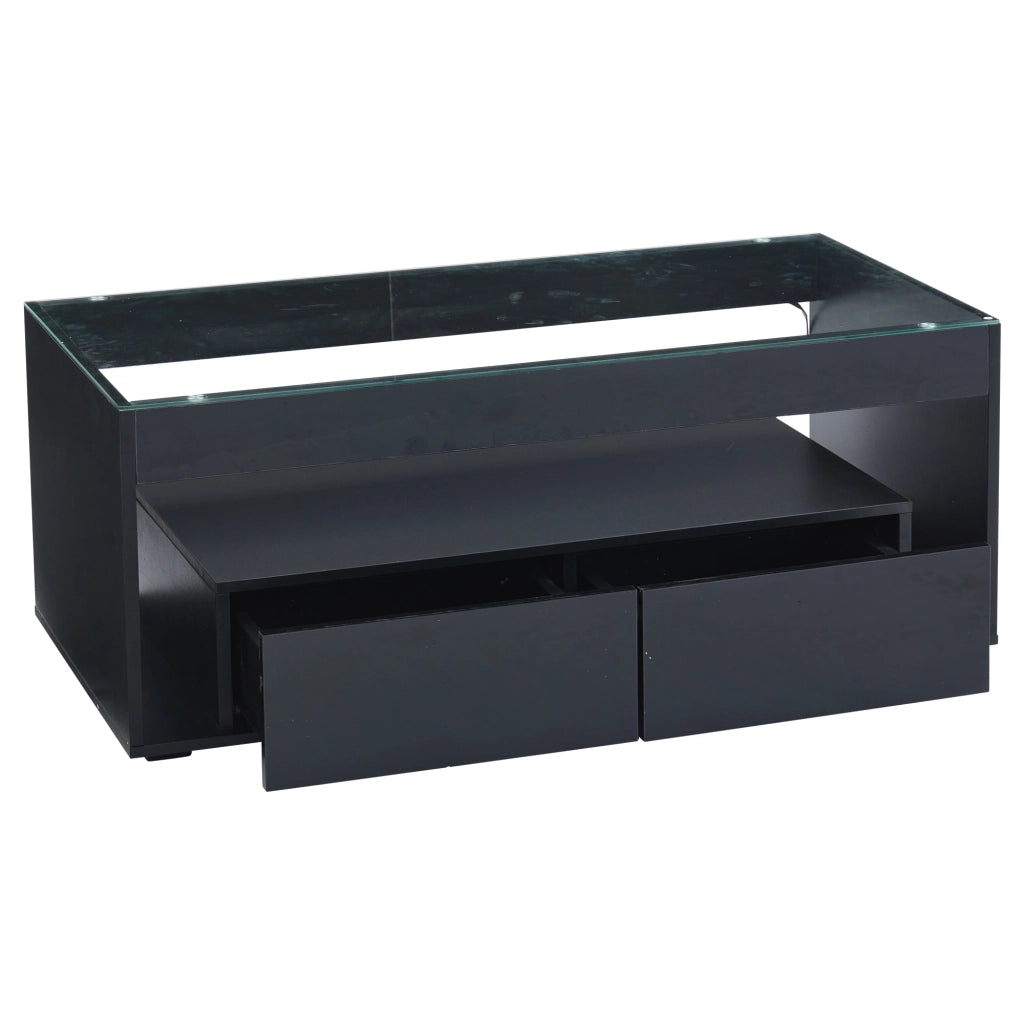 Tavolino da caffè 100x50x40 cm; con LED e 2 cassetti; piano in vetro temperato; truciolare; nero