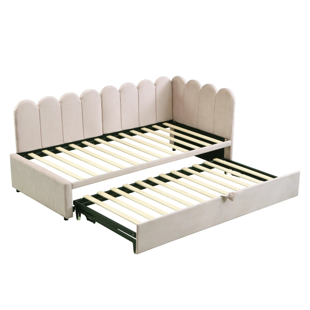 Letto estraibile 90 × 200 cm con letto supplementare, testiera e schienale imbottiti, senza materasso, beige